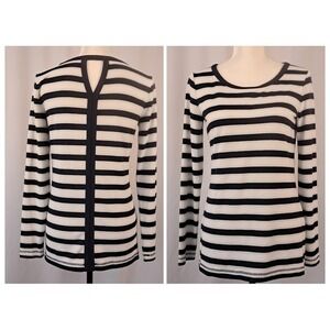 T BY TALBOTS XS Navy Blue Striped Long Sleeve Pullover Crew‎ Neck Keyhole Back